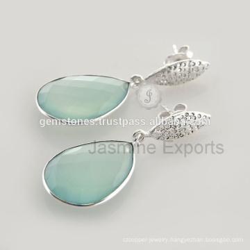 Handmade Aqua Chalcedony Gemstone Silver Fashion Earring for Wedding